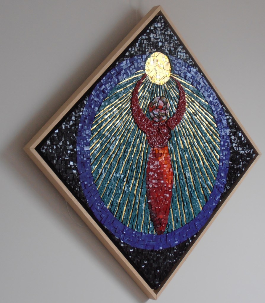 Iridescent, rich Italian Venetian smalti + gold smalti. Design based on crop circle design. For Sale