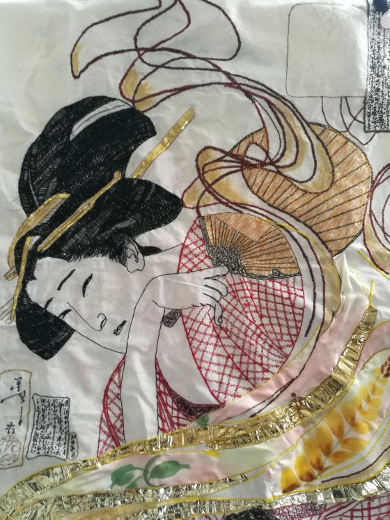 Machine and hand sewn Geisha- embellished with gold paper and silk by Sarah-Alice Miles. For Sale