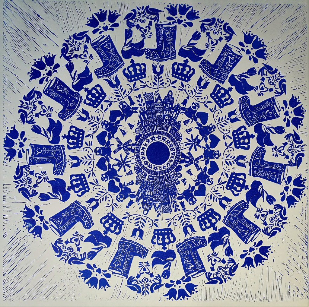 The composition is centered around an open circular space, from which radiating design elements extend outwards in a symmetrical arrangement. The elements are uniformly distributed across the circle, with the same motifs recurring at regular intervals around the perimeter. Various forms, including clogs, crowns, tulips, windmills, birds, and cows, are repeated. The framing focuses on the circular design, and the viewer's eye travels along the patterns.