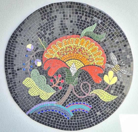 A vibrant mosaic artwork based on a Jacobean Embroidery design